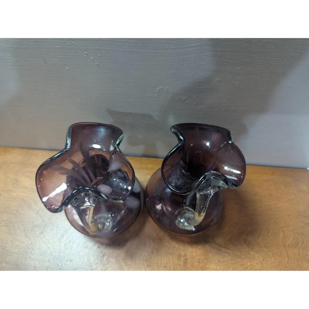 Vintage Fenton Amethyst Purple Hand Blown Art Glass Mini Pitcher Ruffled Set 2